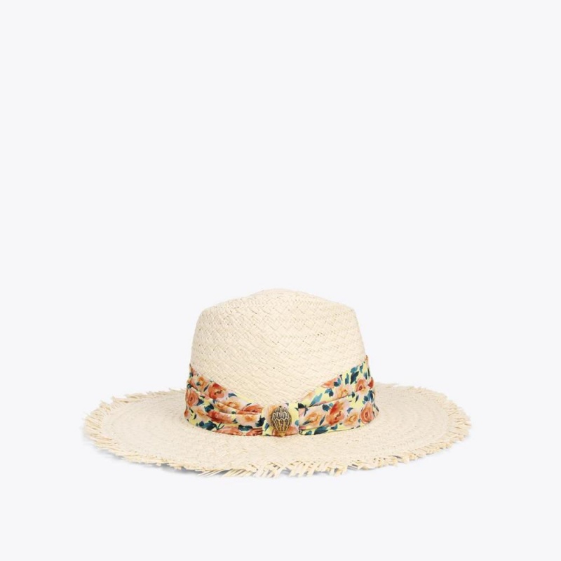 Chapeaux Kurt Geiger Straw Band Fedora Femme Beige | KGCF-79461